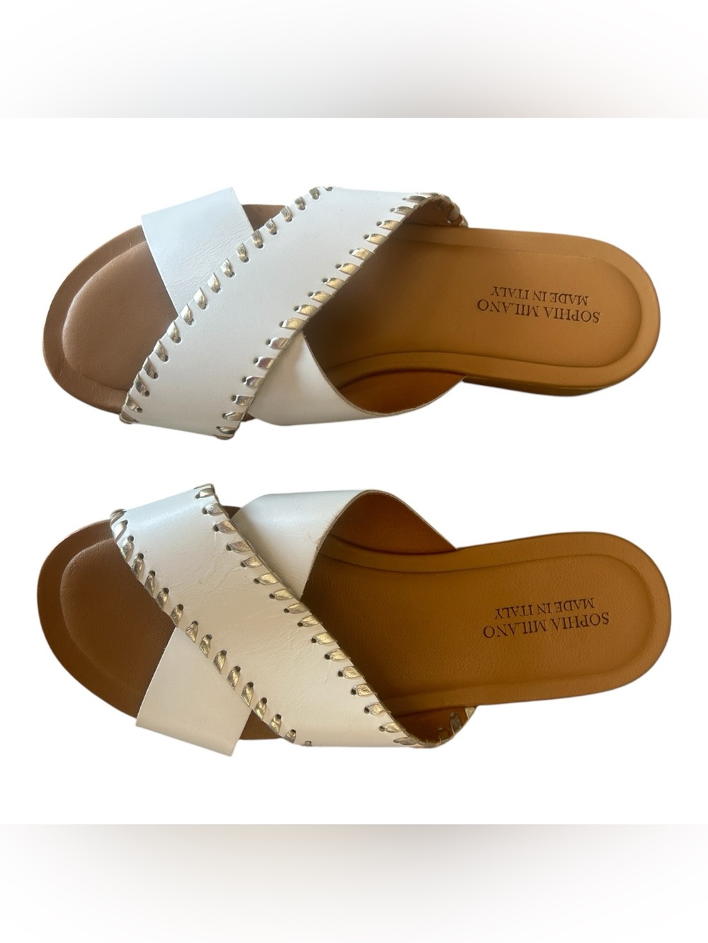 Sophia Milano Made in Italy White Leather Cross Strap Slide Sandals Size 7